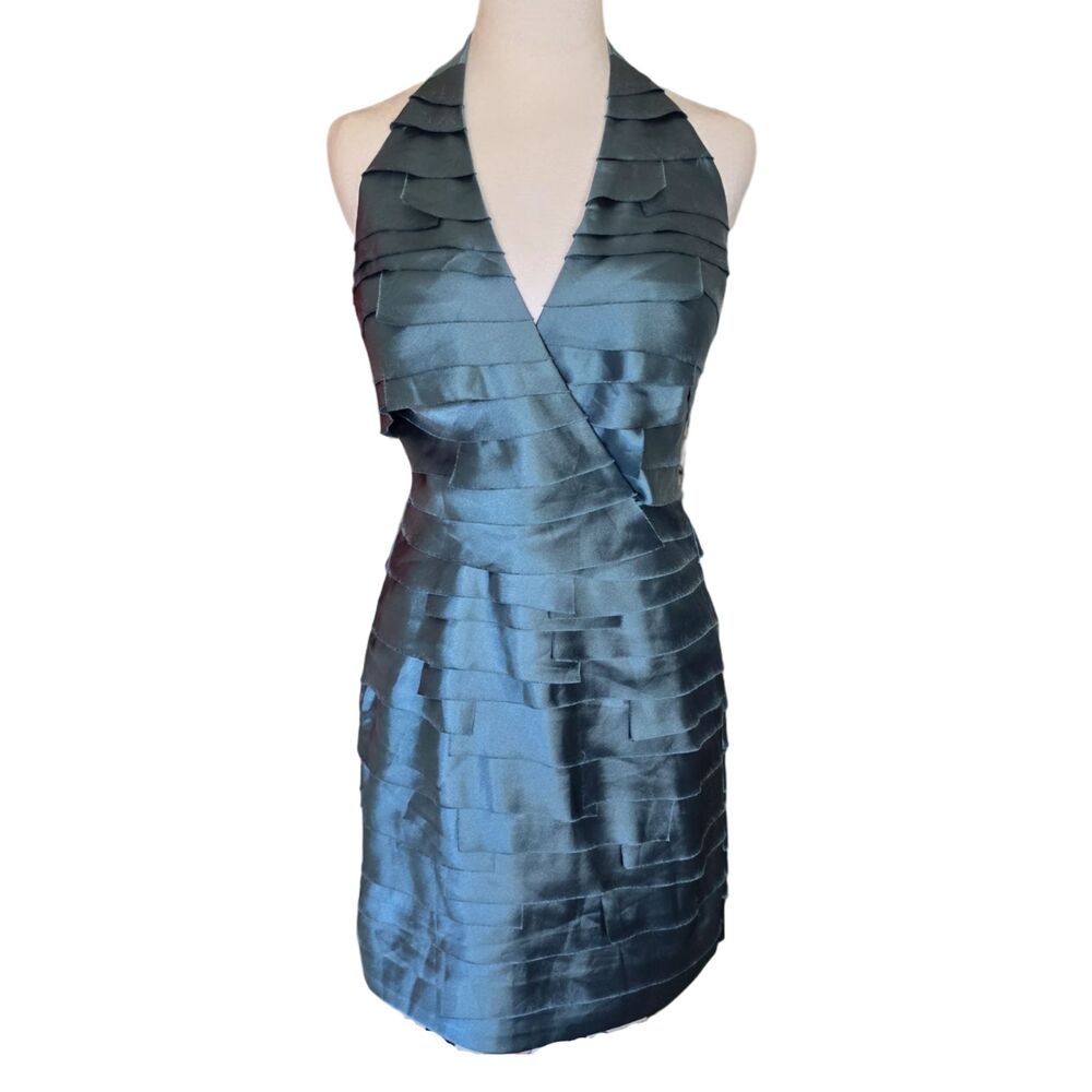 VTG Y2K BEBE Dress Halter Bodycon Mini Blue Ruffle Disco Prom Hoco Paris Hilton